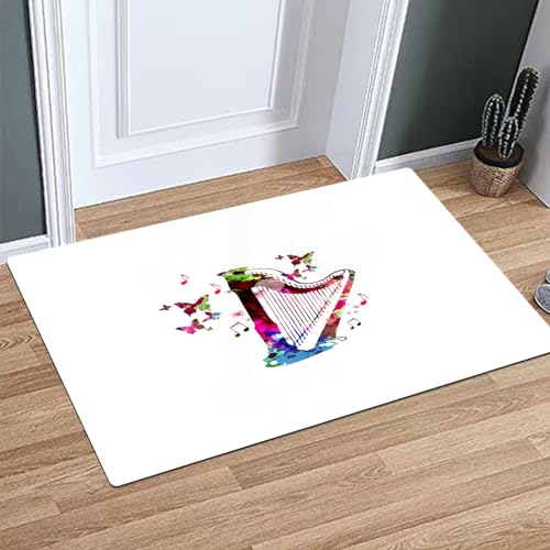 OHAGS nicht rutsches Badezimmermatten maschinenwaschbar, Ultra-weich und Wasser saugfähiger Badenteppich für Badezimmer,Cartoon Harfe Schmetterling Musik Aquarellmalerei,60x90 cm