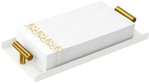 STWWO Serviettenhalter Rechteckiger,Dinnerserviettenhalter Metall Serviettenspender für Tisch Küchenzubehör Servietten Halterung zum Dekorieren Gästehandtuchhalter Tablett für Bad, Weiß & Gold