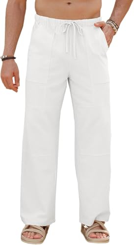 Runcati Herren Hose Baumwolle Straight Leg Yoga Hose Männer Herbst Loose Fit Strand Leicht Einfarbig Freizeithose mit Taschen Elastischer Bund, Weiß, XL