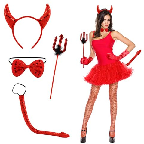 4 pezzi per Halloween da donna, badaren degrado, degrado, Halloween, corna del diavolo, fiocco, coda di diavolo, tridente, per cosplay, mascherata, carnevale