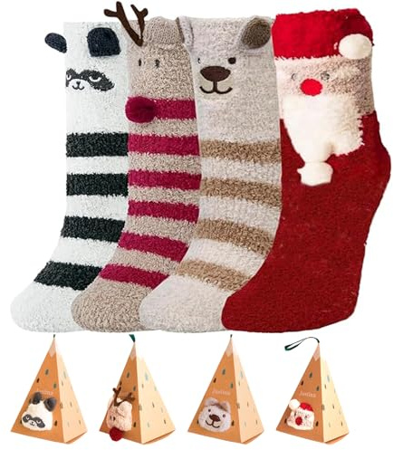 zCloud 4 Pairs of Women's Christmas Socks Soft and Fluffy Coral Fleece Warm Cozy Xmas Socks featuring Santa and Reindeer Patterns Ideal for Kids and Ladies as a Festive Gift