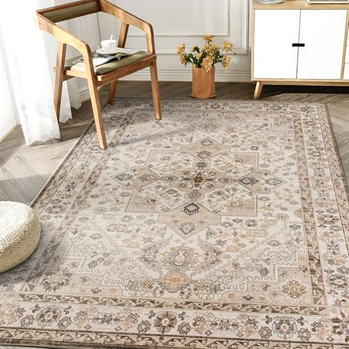 Taleta DAHLIA Washable Rugs Living Room Large, Non-Slip Soft Short Pile Vintage Oriental Boho Area Carpet for Bedroom, Diningroom, Kitchen, Brown, 120 x 170 cm