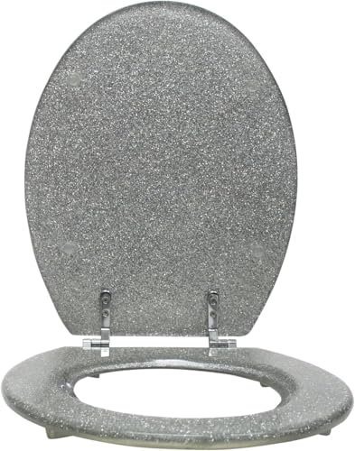 Yorkshire Homeware 18 Universal Toilet Seat | Toilets Oval Seat with Hinges & Parts | MDF Glitter Coating Toilet Seat | Glittering Toilet Seats Bathroom Essential (Silver)
