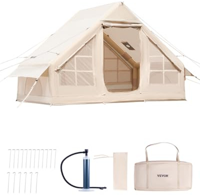 VEVOR Inflatable Tents for Camping, 3-5 Person Easy Setup Blow up Tent with Hand Pump, 300D Oxford 4 Season Glamping Tent with Stove Jack 2 Doors & 2 Mesh Windows, Storage Bag Included for Easy Taking