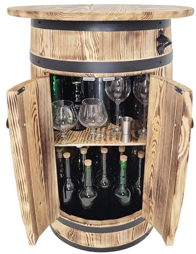 weeco Holzbar Fass mit Regalen und Türen zur Aufbewahrung von Alkohol dekorativ, Bar-Schrank mit großer Ablagefläche für 30–40 Flaschen, Weinregal 80x55x44 cm Hellbraun