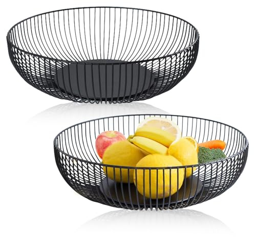 RFYTDCF 2 Stück Obstschale Schwarz, Fruit Basket Modern Obstkorb Metall 28 cm x 7,5 cm Fruit Bowl Früchtekorb Durchbrochenes Obstschüssel Aufbewahrung für Gemüse Obst