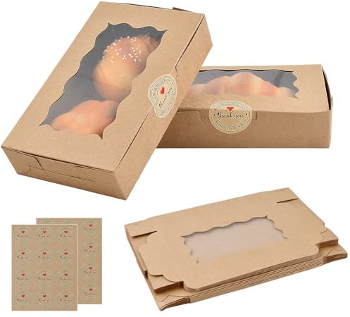 20 Stück Cookie Box, Dessertbox, Kraftpapierfarbe, 17,8 x 11 x 3,9 cm, Cookie -Verpackung, mit Transparentem Fenster und Versiegelungsaufkleber, Geeignet zum Transport von Gebäck, Keksen, Desserts