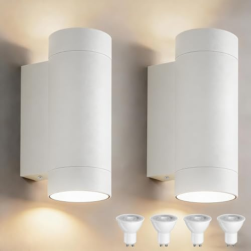JNR Aussenlampe Wand IP65 Wasserdichte Wandleuchte Aussen, Außenlampe Wand inkl. 4 * 5w GU10 Warmweiß Glühbirne, Außenleuchte Wand Up Down LED Aussenleuchte (2 PACK-Weiß)