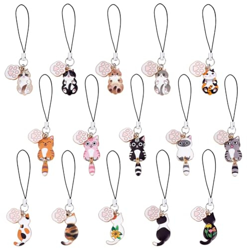 PH PandaHall 15 Styles Cat Phone Charms, Cute Hanging Cat Kawaii Charm