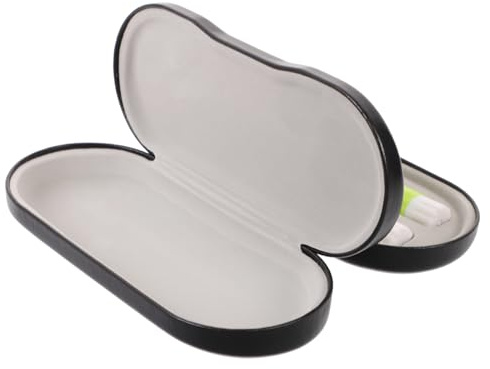 DEARMAMY 2 in 1 Double Case for Eyeglasses and Contact Lenses with Built-in Mirror, Tweezers and Travel Accessories Compartment Black