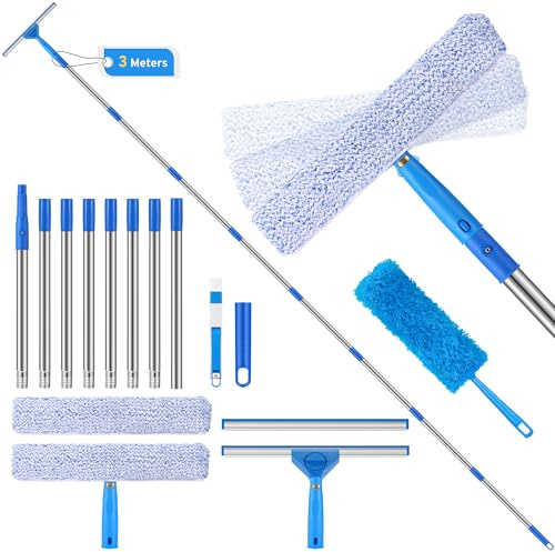 COZCLAM 3m Window Squeegee Cleaner Kit with Extendable Pole, 3 in 1 Interchangeable Squeegee, Srubber and Duster, Telescopic Window Cleaner Tool with Refill for Roof, Home, Glass, Mirror