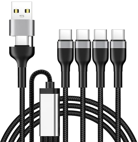 USB C Splitter Multi Charger Cable USB A/C to USB C Universal 3.1A Charging 4 in 2 Multi Charger Cord 1.2m with 4 Type-C Connectors Nylon Braided for iPhone 15 16 Samsung MacBook Huawei Xiaomi