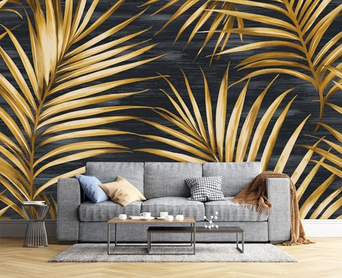 3D Seda Papel Pintado Panorámico Hojas De Plantas, 400 × 280 Cm, Hojas De Palma Dorada Grandes Murales Tapiz Para Salón, Adulto Habitación De Niños, Estudio Decoración,Bronce
