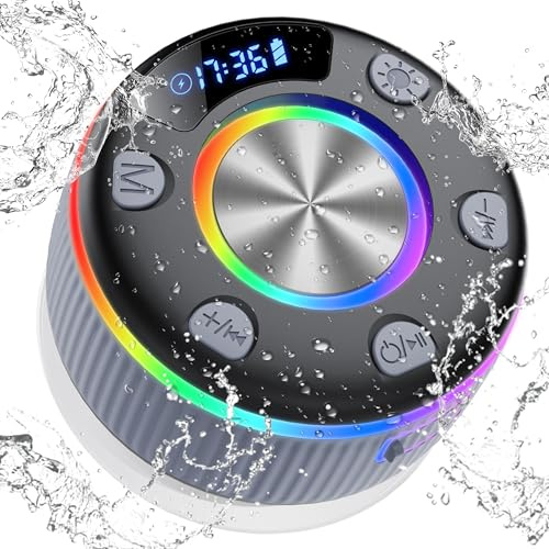 Bluetooth Shower Speaker, 2025 Portable Speaker with Suction Cup, IP7 Waterproof Speakers with Stereo Bass, 8H Playtime, Time Display, RGB Lights, Bulit-in Mic, Time Display for Bathroom, Travel, Grey