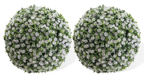 GarveeHome Artificial Topiary Balls Set of 2-40cm Faux Rose Garden Balls with White Flowers, UV Protected Indoor/Outdoor Hanging Ornaments, Pre-Attached Chain (Weatherproof & Zero Maintenance)