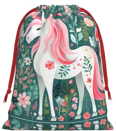 Einhorn-bedruckter Flanellbeutel mit Kordelzug und rosa Haaren, Geschenktüte für Feiertage, Geburtstagstüte