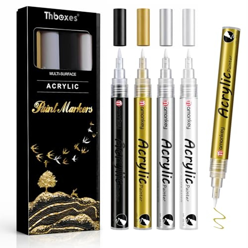4 Pcs Metallic Acrylic Paint Pens, 0.7mm Tip, Gold Silver White Black | Waterproof Quick-Dry Acrylic Ink; Strong Coverage on Rock, Glass, Wood, Ceramic, Fabric and More