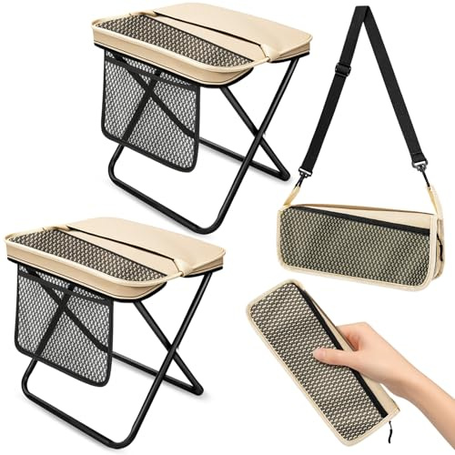 OrbitShell 2 Pack Portable Folding Stools, Collapsible Pocket Chair, Foldable Camping Stool for Adults Backpack, Outdoor Seats Foot Rest, for Travel Hunting Fishing Hiking Gardening - Large, Khaki