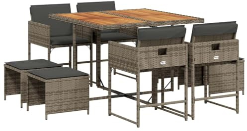 HETFTJN 9-TLG. Garten-Essgruppe 110 cm Akazienholztisch klappbare Poly-Rattan-Stühle & Hocker wetterfestes Balkonmöbel-Set für kleine Terrasse und Balkon