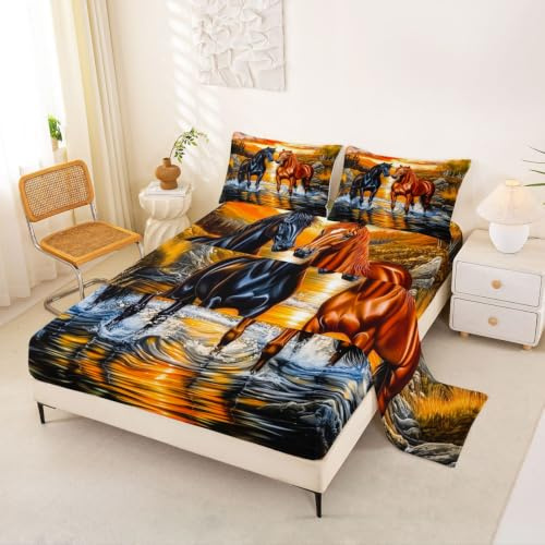 Homemissing hästbäddset king size djurdekor sängset för barn pojkar flickor western cowboy häst djup ficka anpassat lakan andas mjukt