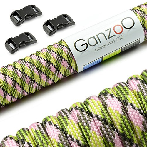 Ganzoo Set Paracord 550 Seil mit 3 x Klickverschluss 3/8“ 10mm Gurt, 4mm Schnur, 7 Kernstränge, Nylon - Polyester, Typ 3, 30 Meter, Outdoor-Schnur, Allzweckseil, Armband knüpfen, basteln