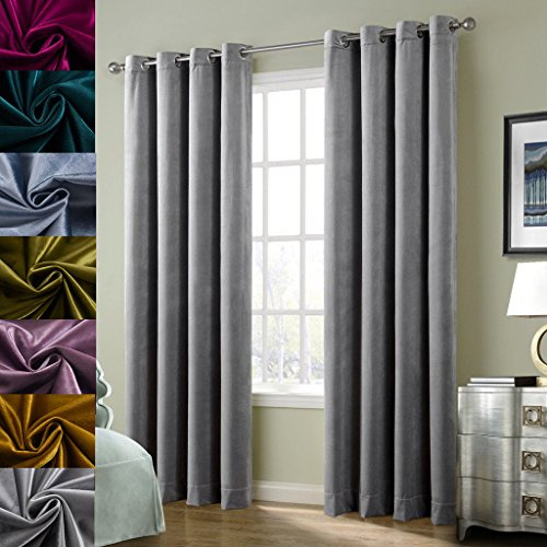 Cherry Home Super Soft Luxury Velvet Smoky Gray Classic Light Blocking Drapes Curtains Panels Home Theater Grommet Drapes Eyelet 52Wx108L inch Light Grey,2 Panels