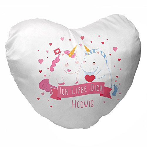 Herz-Kissen mit Namen Hedwig und Einhorn-Motiv mit Herz für Verliebte zum Valentinstag | Valentinstagsgeschenk | Kuschelkissen | Schmusekissen