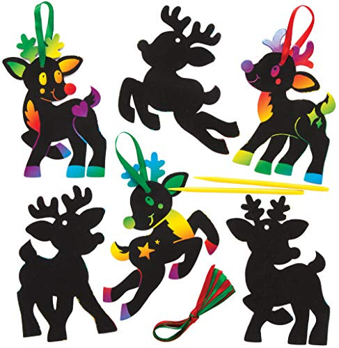 Baker Ross AR701 Rentier Scratch Art Dekorationsset für Kinder, lustiges Weihnachts-und Bastelprojekt (10 Stück), Sortiert