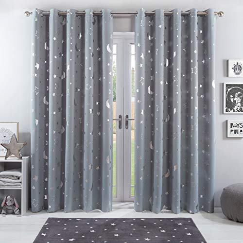 Dreamscene Galaxy Star Thermal Blackout Curtains PAIR of Eyelet Ring Top Panels Kids Metallic Moon - Silver Grey, Width 46 x Drop 54