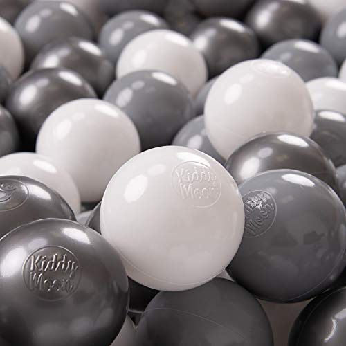 KiddyMoon 200 Ø 7 cm barnbollar lekbollar för bollbad baby plastbollar tillverkade i EU, vit/grå/silver