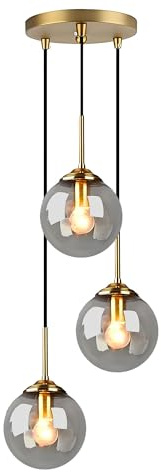 HJXDtech Industrielle Vintage Messing 3-Fläming Pendelleuchte Cluster, Grau Glaskugel Hängelampe Kronleuchter E27 Fassung Deckenleuchte für Küche Wohnzimmer