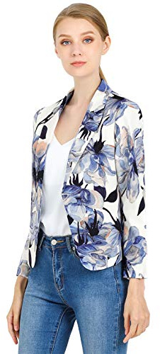 Allegra K vardaglig kontrast för kvinnor öppen framsida blommigt tryck kort blazer