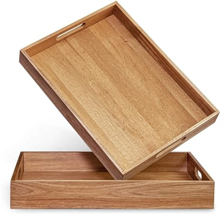 Acacia Wood Serving Tray with Handles Set of 2 – Decorative Serving Trays Platter for Breakfast in Bed, Lunch, Dinner, Patio, Ottoman, Coffee Table, BBQ, Party –Great for Lap &Couch