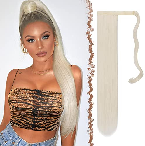 FESHFEN Lang Glattes Pferdeschwanz Haarteil Synthetik Haarverlängerung Zopf Haar Extension für Damen Mädchen, Platin Blond 70 cm