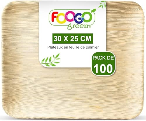 FOOGO Green 100 Plateaux Jetables Feuille de Palmier 30x25cm Rectangles | Robustes et écologiques, Pizza, Entrées, Canapés, Planche charcuterie, Plats chauds, Alternative plateaux en bois
