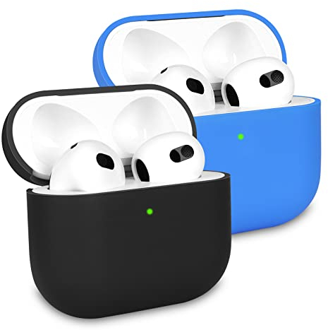 2 Stück KOKOKA Silikon Hülle Kompatibel mit Airpods 3rd Generation Case und Schutzhülle für AirPods 3, Stoßfeste Weiche Dünne Case für Airpods 3, Front-LED Sichtbar, Schwarz/Blau