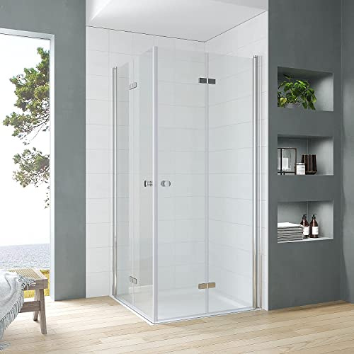 Duschkabine Eckeinstieg 90x90 x 187 cm mit Falttüren Drehfalttüren Schwingtüren Drehtüren Eckdusche Duschwand Glas Duschabtrennung rahmenlos für Duschwanne oder Bodengleiche Dusche Echtglas klar 5 mm
