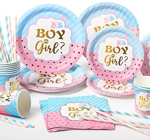 Yidaxing Gender Reveal Party Piatti, 120PCS Baby Shower Piatti, Gender Reveal Supplies con Stoviglie, Cannuccia, Bicchieri di Carta, Tovaglioli di Carta(24 Ospiti)