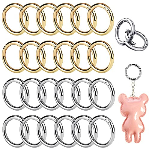 BUENTYA 24 Stück Karabiner Rund Ringkarabiner klein Karabinerhaken Rund Karabinerring mit Federöffnung Rundkarabiner Zinklegierung O Ring Silber Gold Rundring Federkarabiner Binderinge für Taschen