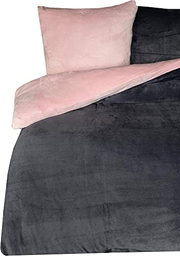 one-home Teddy Plüsch Bettwäsche 135x200 cm Winter Uni rosa anthrazit Flausch Fleece