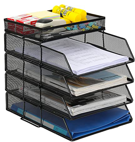 EasyPAG Lot de 5 Métal Portrait Empilable Corbeilles à Courrier A4 Banette de Rangement Bureau Porte Revue Organisateur de Magazine Bannette Papier Range Document,Noir