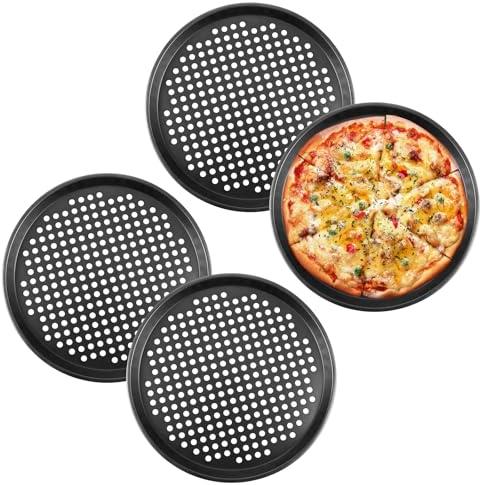 VIDETOL 4 Stück Pizzablech Rund, Pizzablech Rund 32cm mit Antihaftbeschichtet, Perforierte Pizzaform Karbonstahl, Schwarz Pizza Pfanne für Köche und Pizzaliebhaber