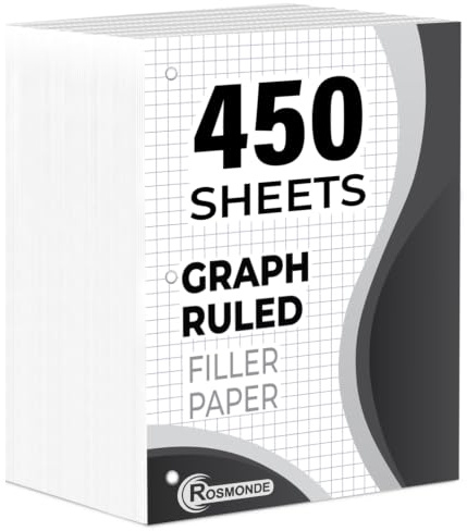 Rosmonde Graph Paper 3 Pack, 450 Sheets, 4x4 Grid Paper, 8 x 10.5, 3 Hole Punched, Notebook Paper, 54 GSM Thick Graphing Paper, Quad Ruled Graph Paper, Loose Leaf Paper, Back to School Supplies
