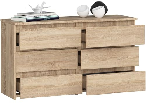 BDW - Commode À 6 Tiroirs - 100cm de Large, 57cm de Haut - Meuble, Buffet, Multi-Usages, Meuble À Chaussures, Commode, Classeur - Salon, Chambre, Couloir - Chêne Sonoma