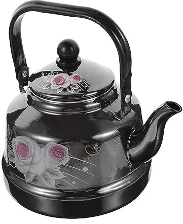 Emaille-Wasserkocher mit Spiegelverzierung, Japandi-Dekor, schwarzer Wasserkocher, dekorative Blumen-Teekanne, Emaille-Teekanne, Emailleware, Kaffeekanne, Wasserkanne, Wasserkessel, Wasserkochtopf,