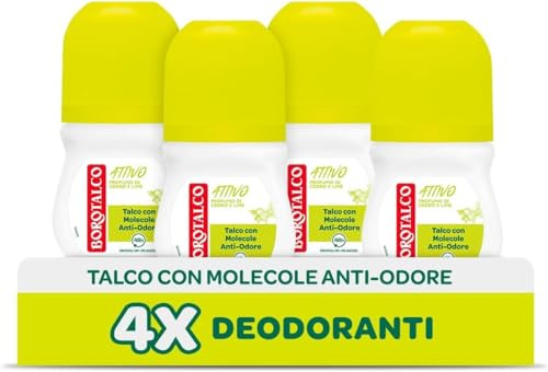 Borotalco, Deodorante Roll-On Attivo Giallo, Talco con Molecole Anti-Odore, Efficacia Fresca, 48h efficacia, Senza Alcool, Profumo di Cedro e Lime - 4 Pezzi da 50 ml - Esclusiva Amazon