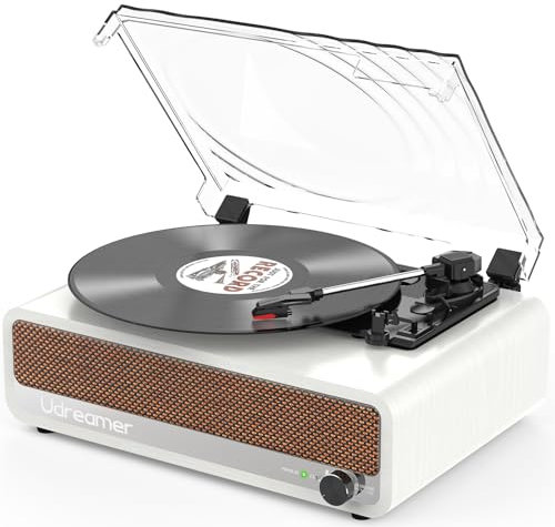 Udreamer Plattenspieler mit Lautsprecher Bluetooth Plattenspieler Vintage Vinyl Player Unterstützt USB AUX-Eingang Kopfhörer RCA Line-Out 3 Geschwindigkeiten Riemenantrieb Spiegeldesign Weiß