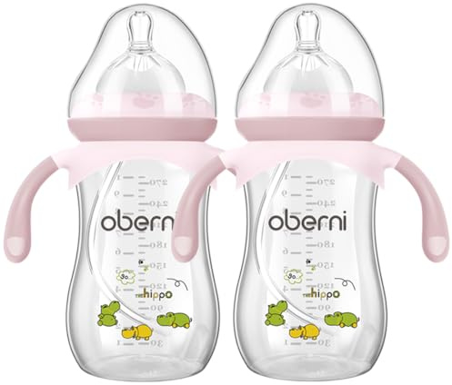 Oberni Babyflaschen Mit weighted Strohhalm, Babyflasche Anti Kolik für Neugeborene Ab 12 Monate, 270ml Milchflasche mit Silikon Sauger Größe 4, Griffs, Rosa, 2 Stück