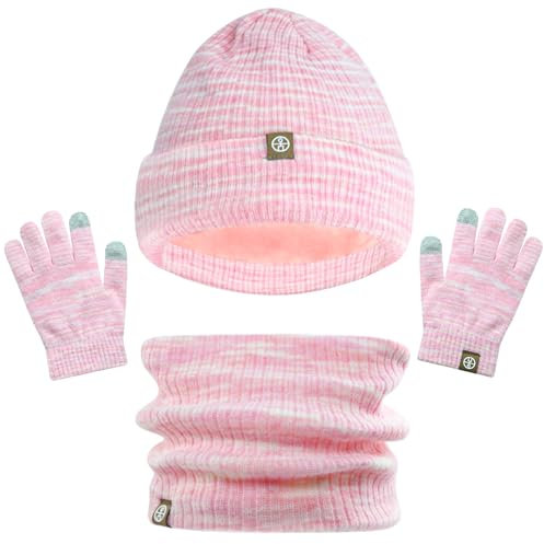 LINSOCLE 3 in1 Kinder Wintermütze Schal Handschuhe Set,Mädchen Winter Beanie Hut Schal Handschuhe Set,Mädchen Strickmütze für Kinder 5-12 Jahre