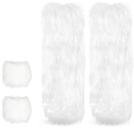 Oerphh Furry Leg Warmers with Fluffy Wrist Warmers Set, White Faux Fur Boot Covers Accessory for Ladies, Fluffy Leg Warmers Fuzzy Wrist Cuffs for Winter Party Christmas Costume (White, One Size)